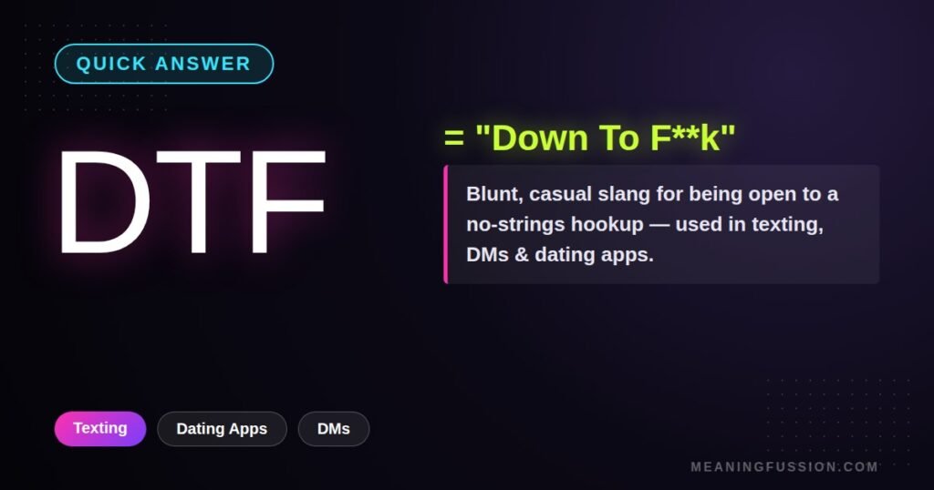 Quick answer graphic: DTF means Down To F**k, casual hookup slang used in texting, DMs and dating apps