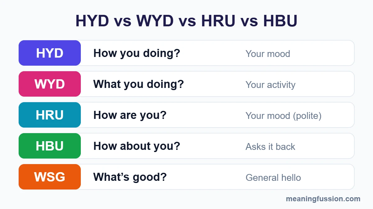 HYD meaning in text vs WYD, HRU, HBU and WSG comparison chart