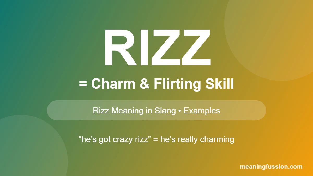 Rizz meaning in slang infographic: rizz means charm and flirting skill