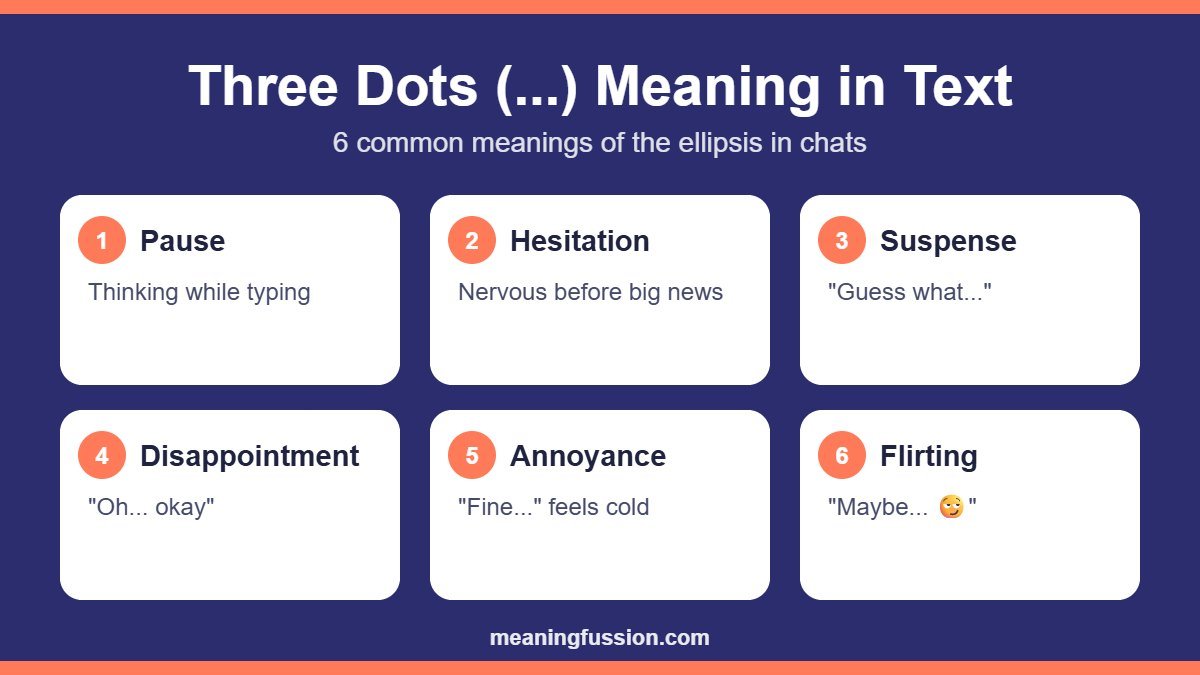 Three dots meaning in text: pause, hesitation, suspense, disappointment, annoyance and flirting