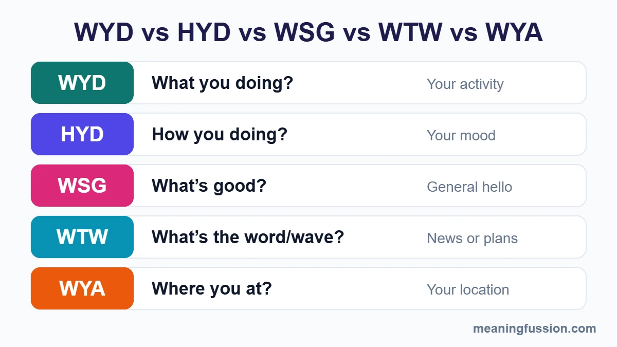 WYD meaning in text vs HYD, WSG, WTW and WYA comparison chart